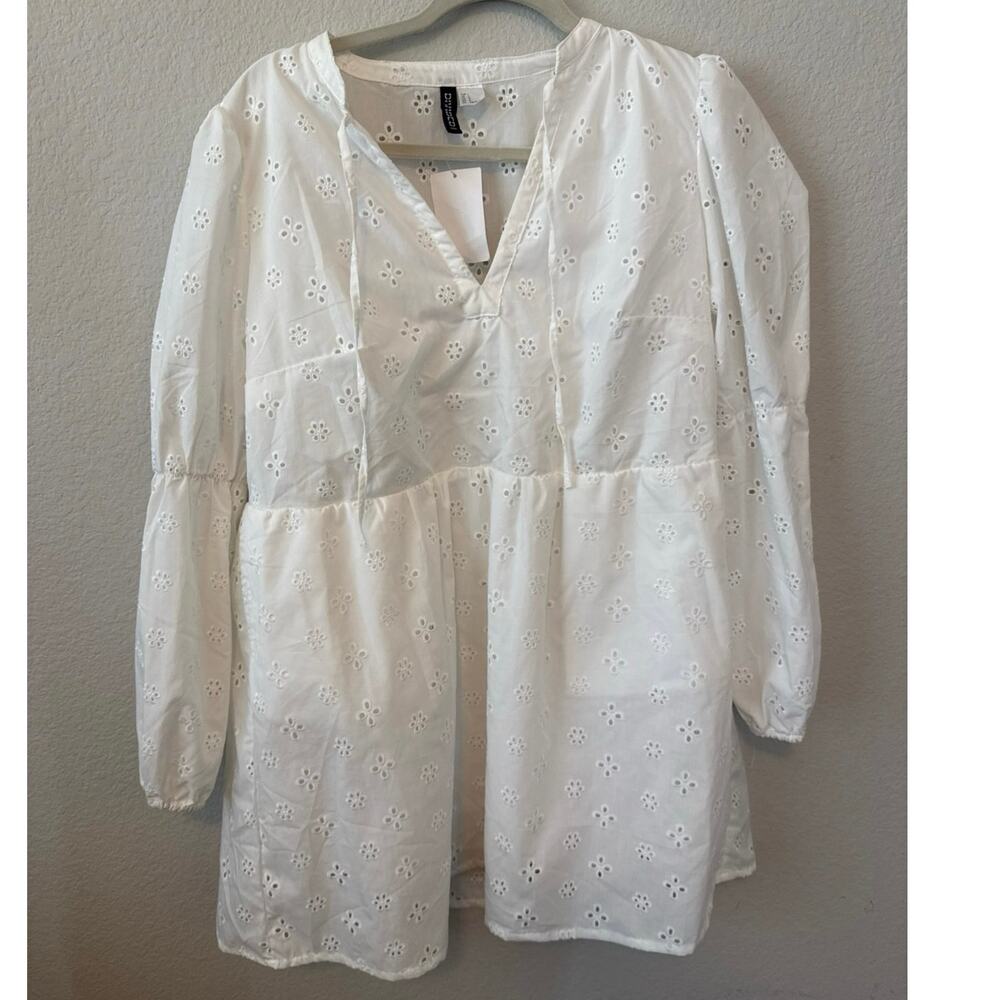 H&M Divided White Eyelet Babydoll Dress Long Sleeve Size L NWT